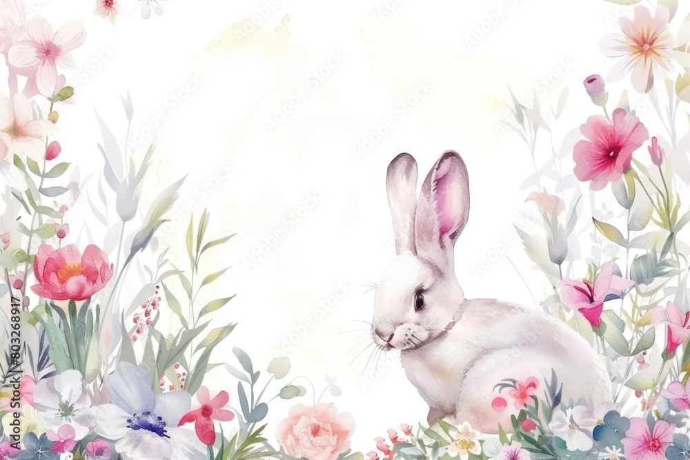 Poster a rabbit sitting in a colorful garden. suitable for nature concepts