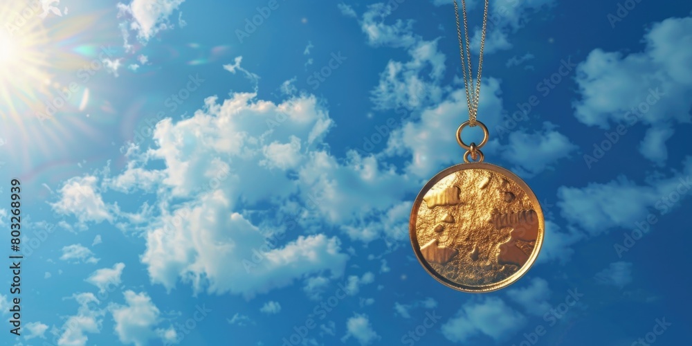 Poster a gold coin suspended from a chain in the sky. suitable for financial concepts