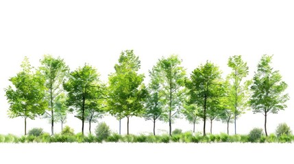 Cutout tree line. Row of green trees and shrubs in summer isolated on white background.