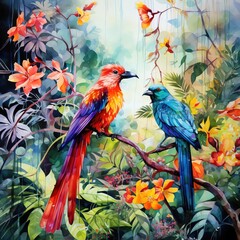 Obraz premium Artistic watercolor painting of rainforest scenes, including random arrangements of plants, birds, and flowers in vivid colors on a clean background