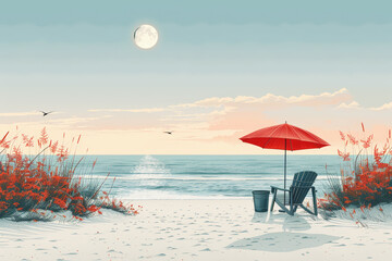 Moonlit beach scene with umbrella and chair, ideal for relaxing and romantic evening themes.