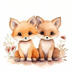 Fox couple. Beautiful foxes. Baby fox clipart. Watercolor illustration. Generative AI. Detailed illustration.