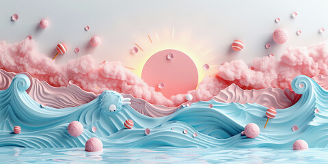 Fantastical seascape with cotton candy waves and pink clouds, great for imaginative and creative design uses.