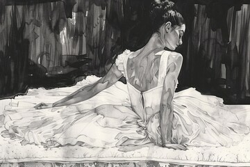 Black and white painting of a woman in a dress. Suitable for artistic projects or interior decor