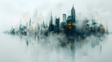 A dreamlike panorama of a city skyline enveloped in fog, mirrored beautifully on the water's surface