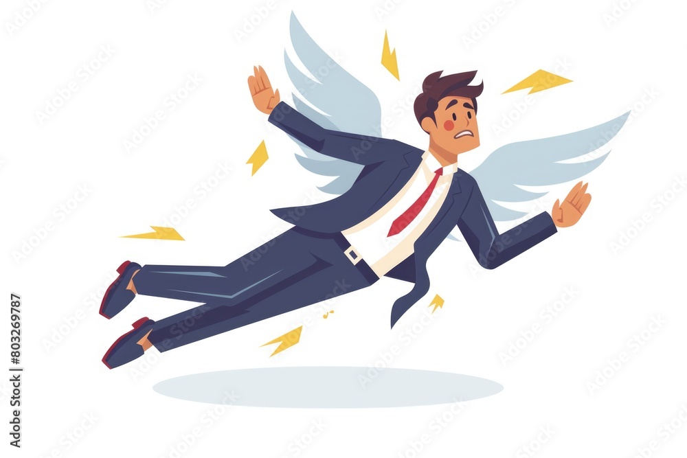 Poster a man in a business suit soaring through the air. suitable for business concepts