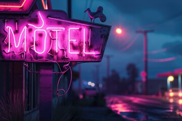 A neon motel sign on the side of a building. Suitable for travel and urban themes