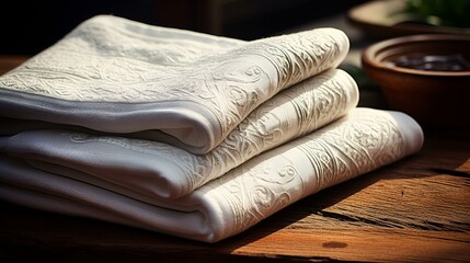 Three folded towels neatly arranged on a wooden table.