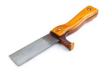 A knife with a wooden handle on a white surface. Suitable for kitchen or cooking concepts