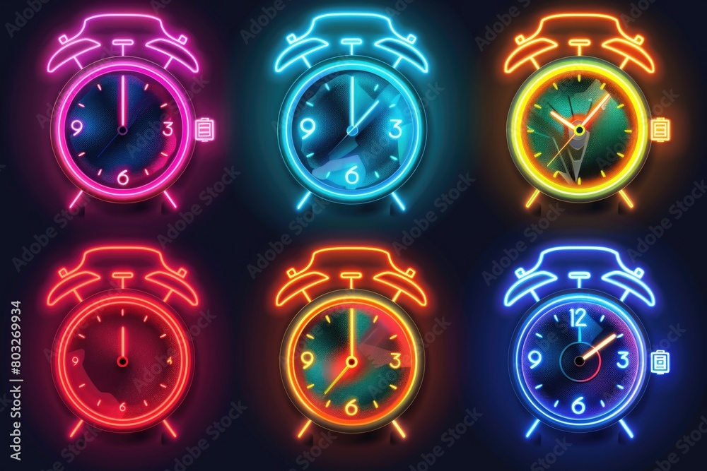Poster four neon alarm clocks on a dark background. ideal for time management concepts
