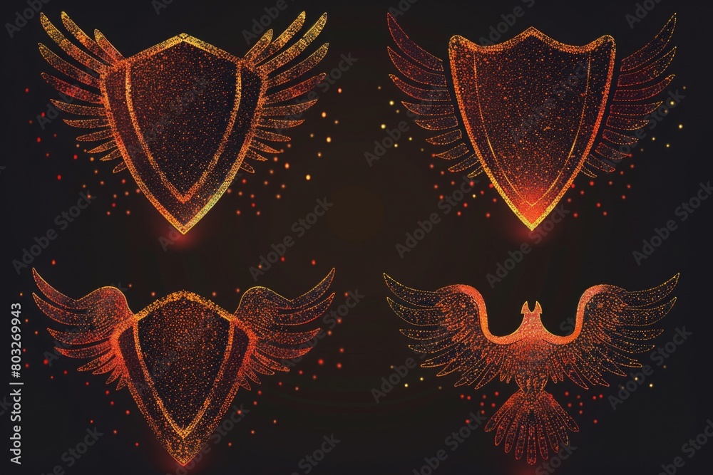 Poster four shiny shields with wings, perfect for security concepts