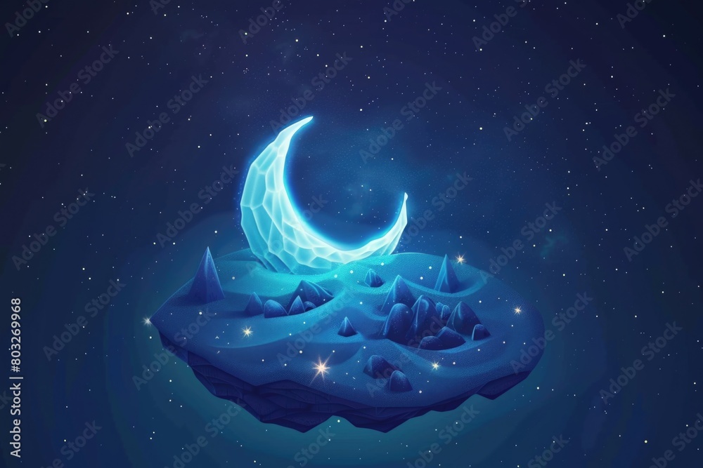 Poster a serene view of a crescent moon and stars in the night sky. perfect for background or celestial the