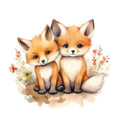 Obraz premium Fox couple. Beautiful foxes. Baby fox clipart. Watercolor illustration. Generative AI. Detailed illustration.