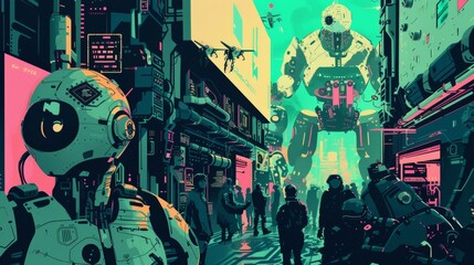 Futuristic cityscape with giant robots and mesmerized crowd under a pink sky
