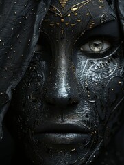 Striking image of a mystical mask adorned with intricate carvings and a dark metallic texture.