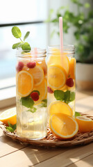 Summer refreshing drink of lemon. jug with lemonade and glasses and citrus slices