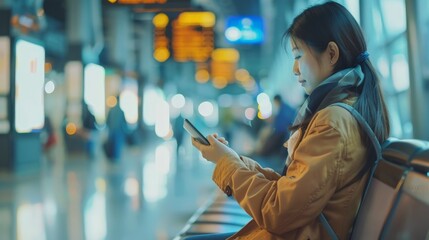 A young woman sits in a brightly lit airport, illuminated by the screens around her as she uses her phone.
