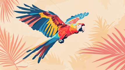 Colorful abstract illustration of a parrot flying among tropical leaves