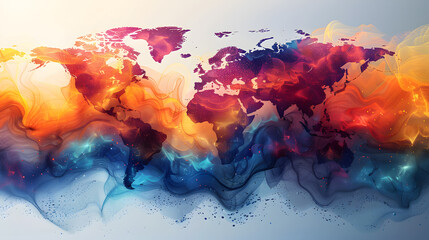 Artistic representation of a world map depicted in a vibrant, colorful abstract style using dynamic fluid art techniques