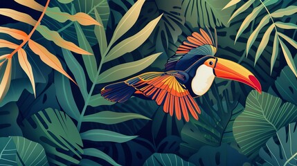 Naklejka premium Vibrant abstract illustration of a colorful toucan flying among lush tropical leaves