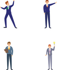 Businessman icons set cartoon vector. Male manager in formal suit. Male office worker