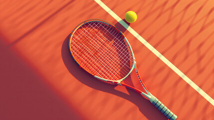 Closeup of a tennis racket and yellow ball on a textured red tennis court, depicting elements of a competitive tennis match