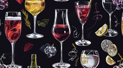 A diverse assortment of wine glasses for any occasion. Perfect for wine enthusiasts and event planners - obrazy, fototapety, plakaty