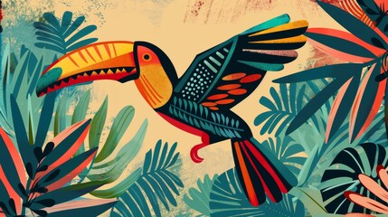 Vibrant abstract illustration of a colorful toucan flying among lush tropical leaves