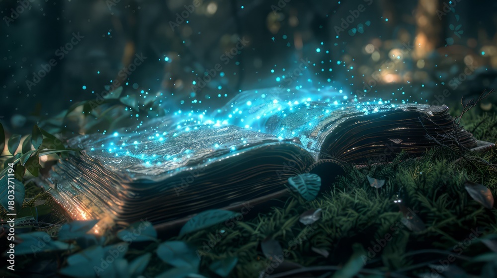 Poster a book is open to a page with a blue glow. the book is on a bed of moss