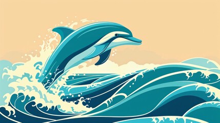 Vibrant digital artwork of a dolphin leaping over ocean waves, capturing the essence of nature and marine life