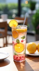 Summer refreshing drink of lemon. jug with lemonade and glasses and citrus slices