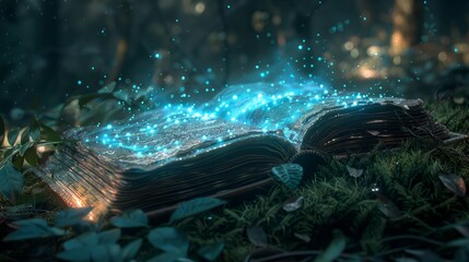 A book is open to a page with a blue glow. The book is on a bed of moss