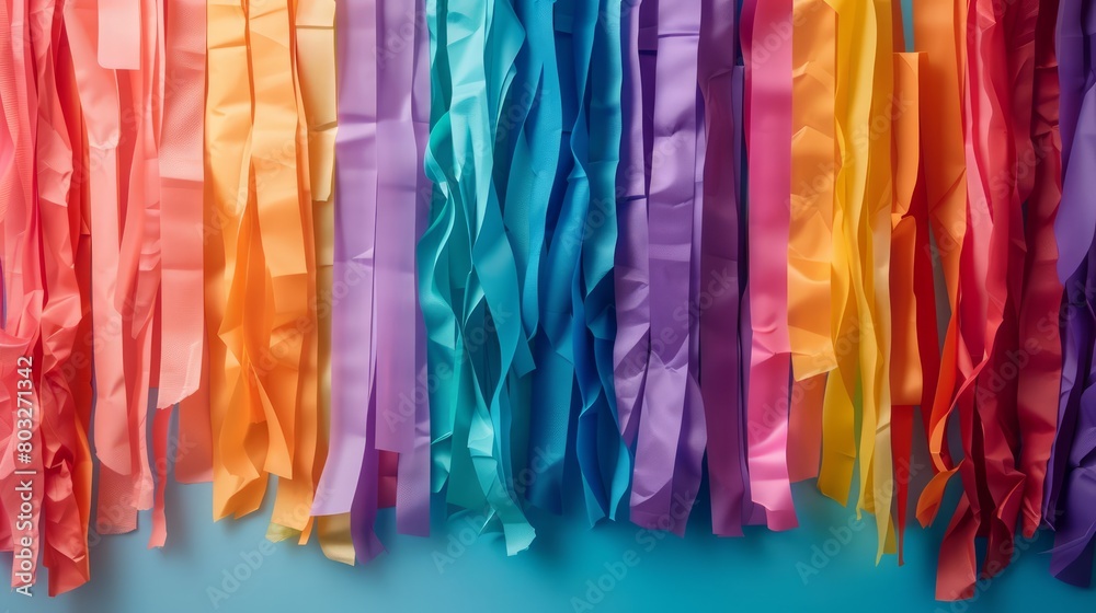 Aufkleber A colorful stream of paper is shown in a row. The colors are bright and vibrant, creating a cheerful and lively atmosphere. The stream of paper is long and narrow, with each piece varying in size