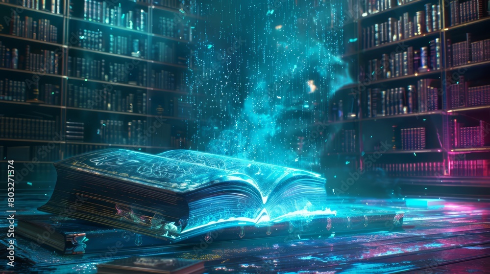 Poster a book is open on a table with a blue light shining on it. the book is surrounded by bookshelves, an