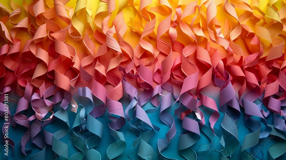 Aufkleber A colorful ribbon with a rainbow pattern. The ribbon is made of paper and is in a variety of colors. The ribbon is arranged in a way that it looks like a wave or a spiral