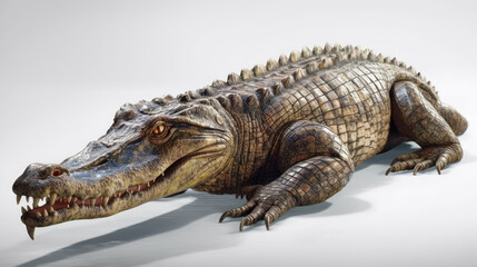 Obraz premium Realistic Crocodile Resting on a White Background Showcasing Detailed Scales and Fierce Beauty