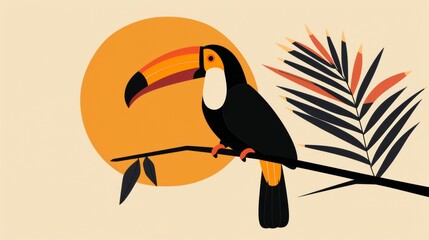 Colorful digital illustration of a toucan among vibrant tropical leaves