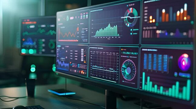 computer monitor displaying an abstract network monitoring dashboard with real-time data analytics, graphs, and system health indicators
