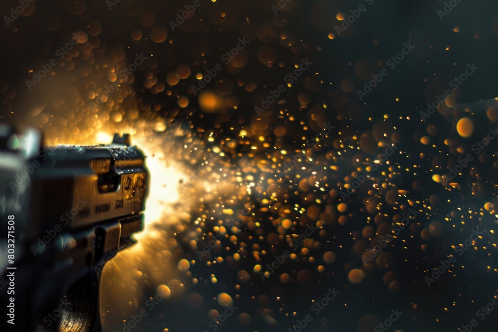 Poster detailed image of a gun with unfocused background. suitable for security or crime-related designs