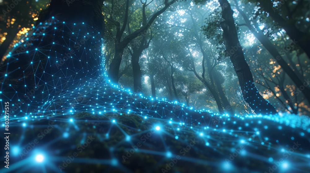 Poster A tree with a blue light shining on it. The light is coming from the sky and the tree is surrounded by a network of lights