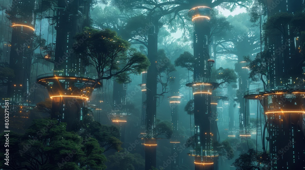 Poster A forest with many trees and glowing lights. Scene is mysterious and otherworldly