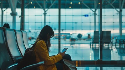 A woman in a yellow coat is sitting in an airport, looking at her phone.