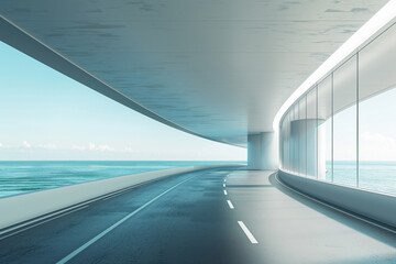 Empty highway by the lake,The car passes through the winding corridor.