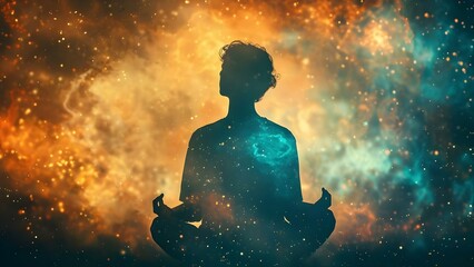 Silhouette of person meditating in cosmic space practicing spiritual transcendence. Concept Spiritual transcendence, Meditation in cosmic space, Silhouette photography, Mindfulness practice
