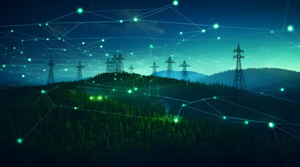 Smart Grid Energy System with Green Power Lines and Blue Electricity Demonstrating Smart Grid Technologies on Dark Background