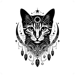 Bengal cat silhouette in bohemian, boho, nature illustration
