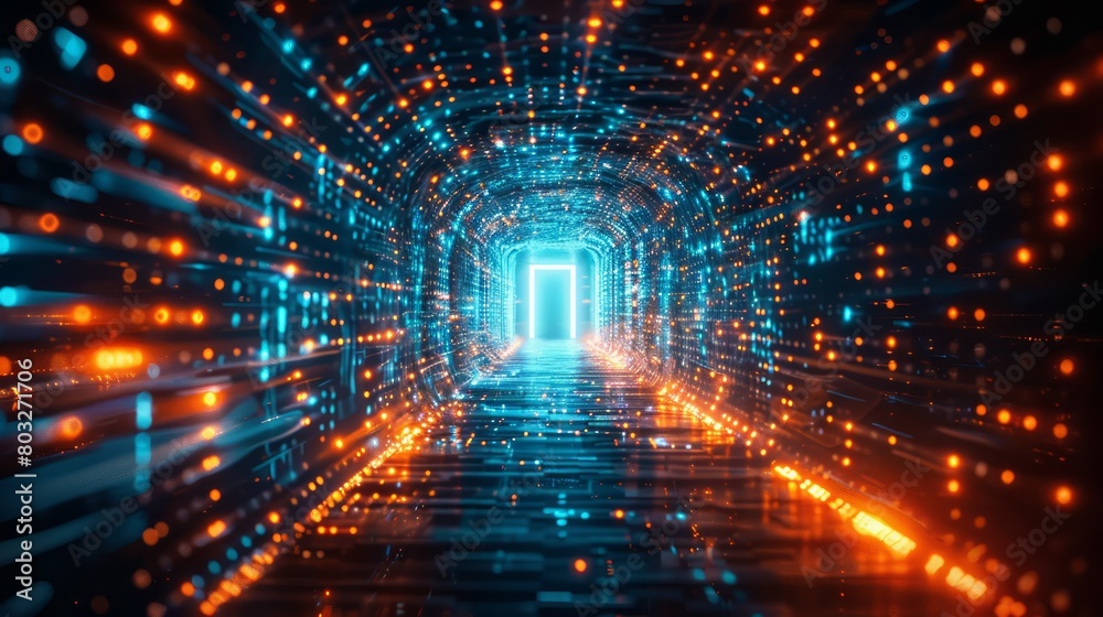 Poster A tunnel with a glowing door in the middle. The tunnel is lit up with bright lights and the door is glowing green. The tunnel seems to be a futuristic or sci-fi setting