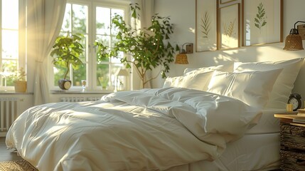 Bright and fresh bedroom with newly washed linen and pillows, detailed and realistic