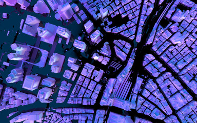 幻想的な光に照らされた俯瞰で見る新宿ビル街の３Dイラストレーション