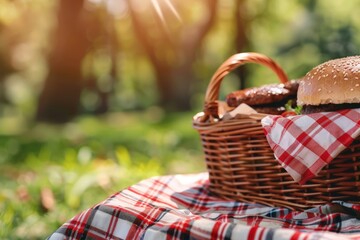 A picnic basket containing a hamburger with a bun placed beside it, ready for a meal outdoors